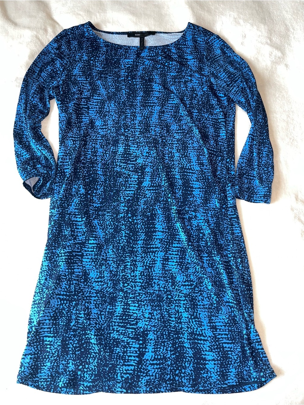 BCBGMaxAzria Blue Black Patterned Shift Dress 3/4 Sleeves Stretch Sz XS